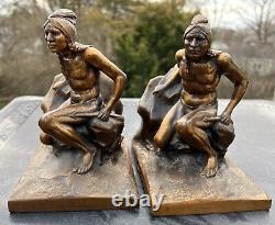 Vintage Jennings Bros. Native American Awaiting the Prey Bookends Copper Finish