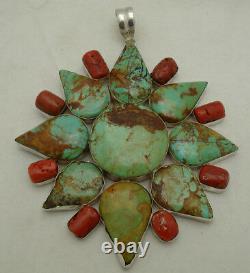 Vintage Massive Early Navajo Turquoise & Coral Sterling. 925 Silver Pendant