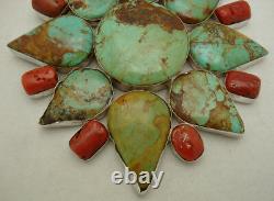 Vintage Massive Early Navajo Turquoise & Coral Sterling. 925 Silver Pendant