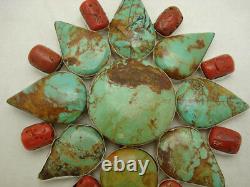 Vintage Massive Early Navajo Turquoise & Coral Sterling. 925 Silver Pendant