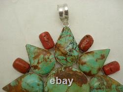 Vintage Massive Early Navajo Turquoise & Coral Sterling. 925 Silver Pendant