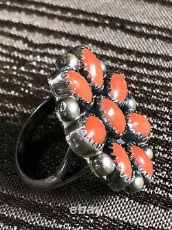 Vintage NAVAJO Very Early THOMAS NEZ Red Coral Sterling Silver Ring Size 4.75