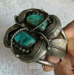 Vintage Native American 1960's/early 70's Sterling & Turquoise Feather Cuff Br