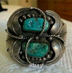 Vintage Native American 1960's/early 70's Sterling & Turquoise Feather Cuff Br