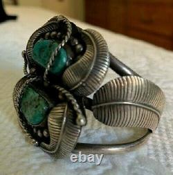 Vintage Native American 1960's/early 70's Sterling & Turquoise Feather Cuff Br