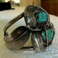 Vintage Native American 1960's/early 70's Sterling & Turquoise Feather Cuff Br