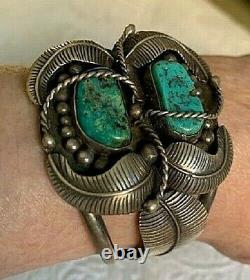 Vintage Native American 1960's/early 70's Sterling & Turquoise Feather Cuff Br