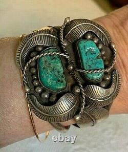 Vintage Native American 1960's/early 70's Sterling & Turquoise Feather Cuff Br