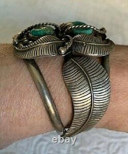 Vintage Native American 1960's/early 70's Sterling & Turquoise Feather Cuff Br