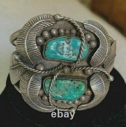 Vintage Native American 1960's/early 70's Sterling & Turquoise Feather Cuff Br