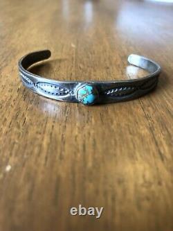 Vintage Native American Early Coin Silver With Turquoise Stone Navajo Cuff