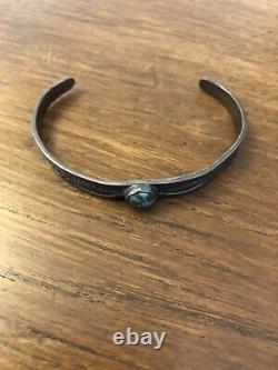 Vintage Native American Early Coin Silver With Turquoise Stone Navajo Cuff