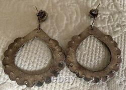 Vintage Native American Early Sterling &turquoise Lge Stamped Pierced Earrings