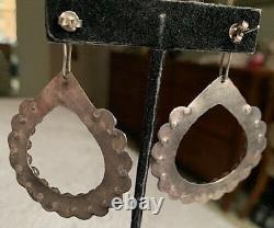 Vintage Native American Early Sterling &turquoise Lge Stamped Pierced Earrings