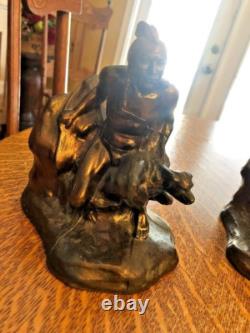 Vintage Native American Indian Bronze Bookends Early 20th Century Scout With Dog