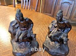 Vintage Native American Indian Bronze Bookends Early 20th Century Scout With Dog