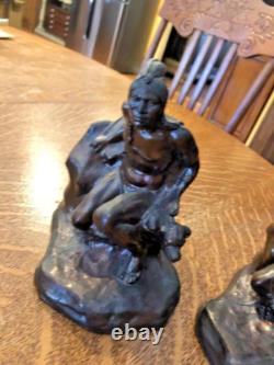 Vintage Native American Indian Bronze Bookends Early 20th Century Scout With Dog