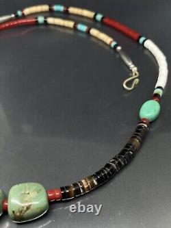 Vintage Native American Long Necklace Turquoise Coral Other Gemstones 26 in
