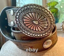 Vintage Navajo Concho Belt Buckle Early Leonard Maloney Buffalo Nickel Studs 34