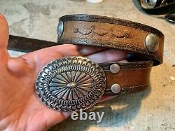 Vintage Navajo Concho Belt Buckle Early Leonard Maloney Buffalo Nickel Studs 34