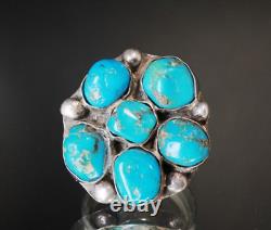 Vintage Navajo Early 60's Blue Gem Turquoise Large Cluster Sterling Silver Ring