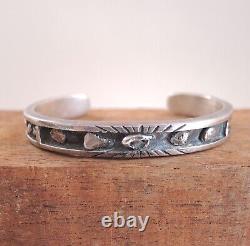 Vintage Navajo Silver Nugget Cuff Bracelet Inlaid Thick Sterling Old Pawn Early