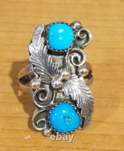 Vintage Navajo turquoise applique sterling ring signed RB size 8