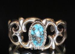 Vintage Old Pawn Sand Cast Early Navajo Bisbee Turquoise Cab Coin Silver Cuff