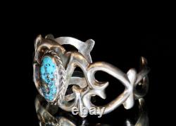 Vintage Old Pawn Sand Cast Early Navajo Bisbee Turquoise Cab Coin Silver Cuff