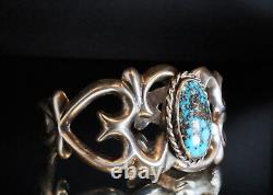 Vintage Old Pawn Sand Cast Early Navajo Bisbee Turquoise Cab Coin Silver Cuff