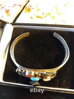 Vintage Silver Navajo Bracelet With A Turquoise Stone And 2 Other Unknown Stones