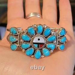 Vintage Zuni Native American Torquoise and Inlay Sterling Silver Bracelet Signed
