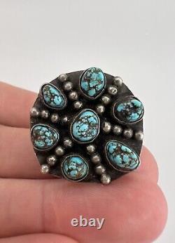 Vtg Early Navajo Sterling Silver Seafoam kingman Turquoise Round Disk Ring