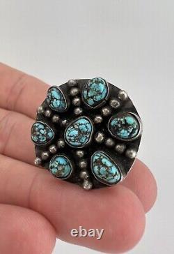 Vtg Early Navajo Sterling Silver Seafoam kingman Turquoise Round Disk Ring