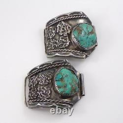 Vtg Early Sterling Silver Native American Turquoise Men's Watch Ends Tips LHC5