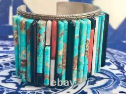 WIDE 2 INCH EARLY NAVAJO STERLING TURQUOISE CORAL JET MOP INLAY CUFF 7 144 gm