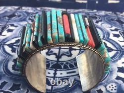 WIDE 2 INCH EARLY NAVAJO STERLING TURQUOISE CORAL JET MOP INLAY CUFF 7 144 gm