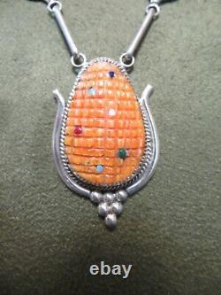 ZUNI Inlaid Turquoise Red Fossil Coral Jet Silver Corn Necklace Orange Carnelian