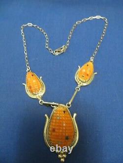 ZUNI Inlaid Turquoise Red Fossil Coral Jet Silver Corn Necklace Orange Carnelian
