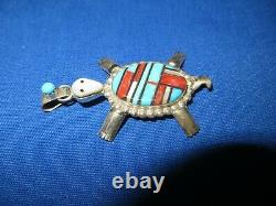 ZUNI Silver Pin Brooch Hand Inlay Turquoise Fossil Red Coral Turtle Tortoise