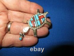 ZUNI Silver Pin Brooch Hand Inlay Turquoise Fossil Red Coral Turtle Tortoise