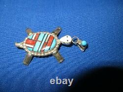 ZUNI Silver Pin Brooch Hand Inlay Turquoise Fossil Red Coral Turtle Tortoise