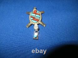 ZUNI Silver Pin Brooch Hand Inlay Turquoise Fossil Red Coral Turtle Tortoise