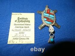 ZUNI Silver Pin Brooch Hand Inlay Turquoise Fossil Red Coral Turtle Tortoise