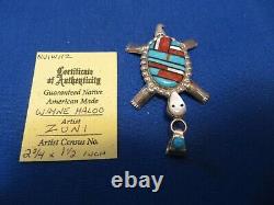 ZUNI Silver Pin Brooch Hand Inlay Turquoise Fossil Red Coral Turtle Tortoise