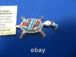 ZUNI Silver Pin Brooch Hand Inlay Turquoise Fossil Red Coral Turtle Tortoise