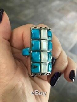 Zuni Beveled Turquoise And Mop Huge Silver Early Antique Native American Ring