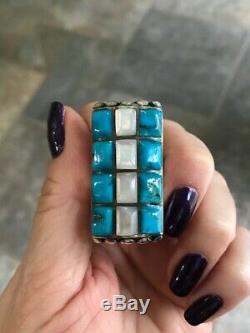 Zuni Beveled Turquoise And Mop Huge Silver Early Antique Native American Ring