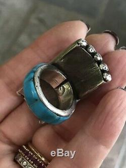 Zuni Beveled Turquoise And Mop Huge Silver Early Antique Native American Ring
