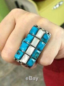 Zuni Beveled Turquoise And Mop Huge Silver Early Antique Native American Ring